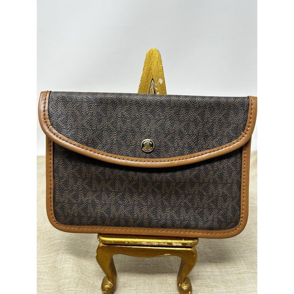 Michael Kors Brown MK Logo Pattern Light Trim Snap Closure Small Bag Storage